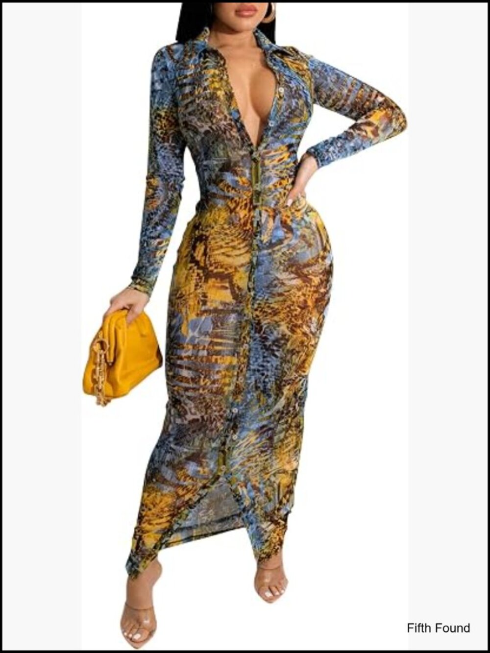 Sheer Mesh Long Sleeve Bodycon Midi Dress Club Party Night Out